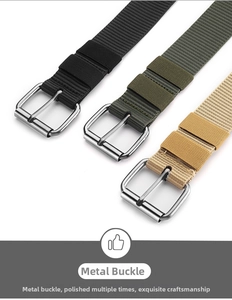 Three men's woven canvas belts in black, green, and khaki with durable metal pin buckles