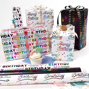 Colorful holographic happy birthday wrapping paper set with gift boxes and ribbons