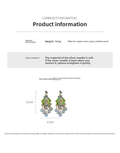Detailed specs of emerald drop earrings with copper, zircon and glass materials