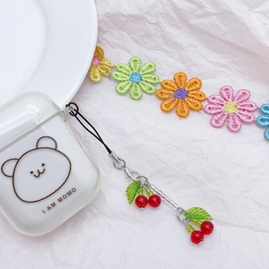 Handmade clear cherry beaded phone strap and bear protective case for earphones
