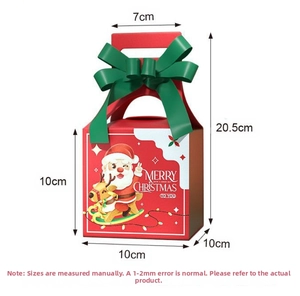 Detailed dimensions of red Christmas gift box with green bow and Santa illustration