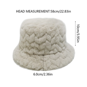 Detailed size specifications for cream faux mink fur bucket hat with cable knit texture