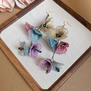 Chic floral tassel drop earrings with embroidered organza petals and golden hooks