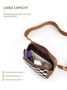Internal structure of checkered nylon belt bag showing large capacity and mesh pockets
