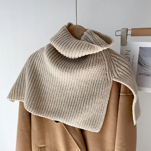 Detailed knitted texture of a beige turtleneck scarf layered over a camel wool coat