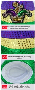 Détail d'un chapeau de carnaval à paillettes avec broderie, tissu polyester et taille 58