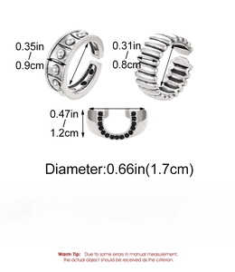 Detailed size specifications for alloy ring set featuring textured silver finish and black stones