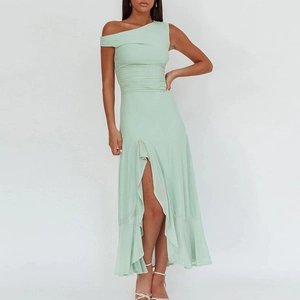 One Shoulder Maxi Dress Mesh Polyester Ruched High Split Ruffle Hem Elegant Sexy Slim Fit For Women