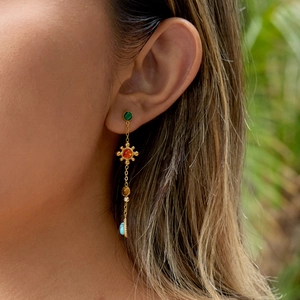 Bohemian 18K gold-plated stainless steel earrings with multi-colored gemstones and beads