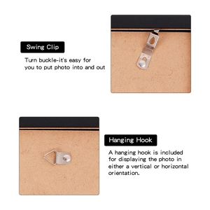 Detail showing metal swing clips and hanging hooks on the MDF wooden photo frame backboard