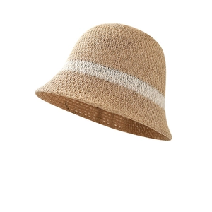 Classic beige woven straw bucket hat with white stripe contrast and breathable hollow design