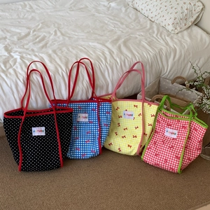 Large Capacity Checkered Canvas Tote Bag With Bow Print Shoulder Handbag For Women Future Letter Label