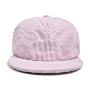Detailed close-up of cactus embroidery on a pink corduroy flat brim baseball cap
