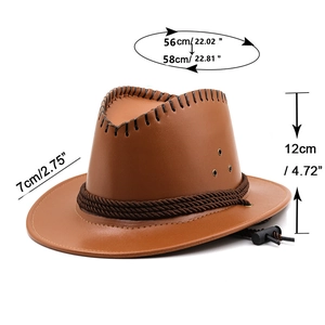 Brown faux leather western cowboy hat with size dimensions and woven decorative cord