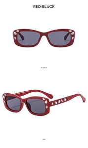 Front and side view of red square sunglasses with luxury rhinestone studded frames