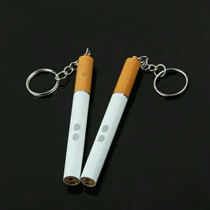 Detail of cigarette-shaped 3-in-1 keychain with LED flashlight and laser pointer functions