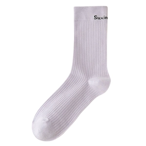White and lavender mid-calf cotton socks with vertical ribbed texture and logo