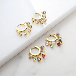 Stainless Steel Rhinestone Hoop Earrings For Women Luxury Multicolor Pendants Stud Drop Earrings Fashion Jewelry Gift