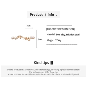 Detailed view of 3cm golden floral faux pearl studs with iron and alloy material specs