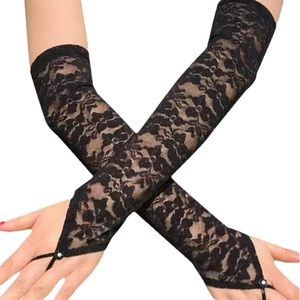 Long black lace fingerless sun protection gloves with floral jacquard patterns