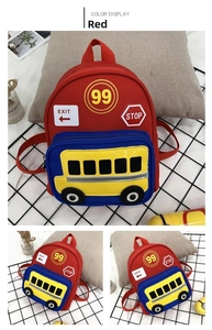 Detailed views of a red cartoon school bus backpack for toddlers featuring traffic signs