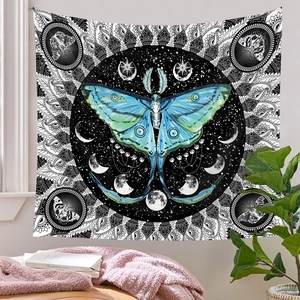 Bohemian moon moth tapestry with phases of the moon and mandala design for wall decor