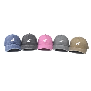 Washed cotton baseball caps with embroidered dog logo in five assorted vintage colors