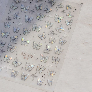 Detail of MS 571 iridescent butterfly nail stickers with crystal diamond glitter finish