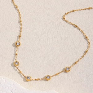 Collier En Acier Inoxydable Plaqué Or 18K Avec Zircon Rond Chaîne À Billes Mode Simple Pour Femmes