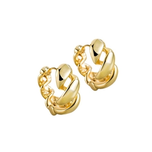 Golden chunky twisted rope hoop earrings with high-polish metallic finish and modern design