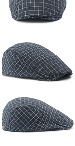 Detailed views of a navy windowpane check ivy cap showing top, side, and rear angles