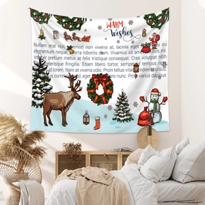 Cozy bedroom setting with Christmas tapestry featuring reindeer and festive illustrations