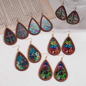 Bohemian teardrop wooden earrings with vintage patterns and acrylic floral designs