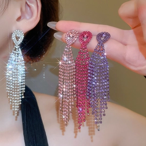 Sparkling gradient rhinestone tassel long earrings in silver pink and purple tones