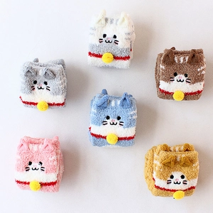 Cozy coral fleece cat socks with small ears and bells in six assorted pastel colors