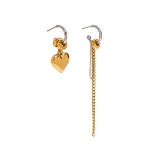 Asymmetric 18k gold and silver stainless steel heart and long chain tassel earrings