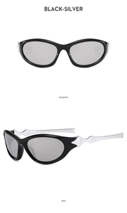 Front and side view of Y2K sports sunglasses with star-shaped metal temple detail
