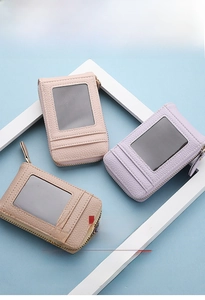 Detailed view of accordion card holders in pink, purple and brown with lychee texture