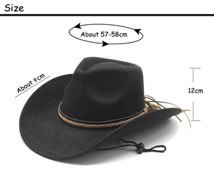 Size specifications of the black suede cowboy hat showing brim and height details