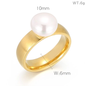 Macro detail of 10mm white pearl on 6mm gold brushed stainless steel ring with dimensions