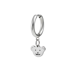 Macro shot of silver stainless steel hoop earring featuring a cute flat bear head pendant