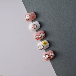 5D embossed nail stickers featuring cute cartoon puppy and milk tea designs in 5 piece set