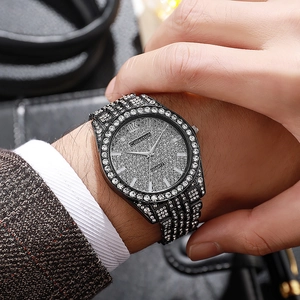 Luxurious black quartz men's watch with fully iced out diamond-set dial and metal strap