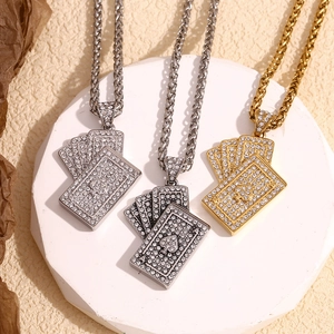 Three 18K gold plated iced out Ace of Spades poker pendant necklaces with twist chains