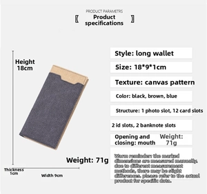 Slim canvas bifold wallet specs showing 12 card slots and dimensions 18x9x1cm