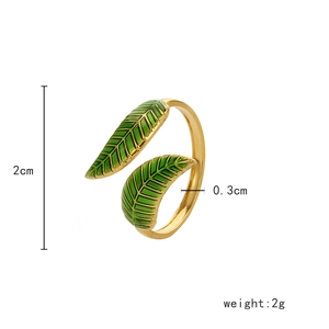 Adjustable gold plated titanium ring with green enamel leaves and dimensions display