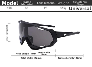 Detailed size chart and specifications for PC frame cycling sports sunglasses 9312