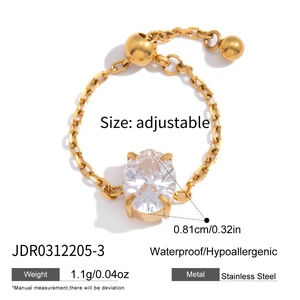 Adjustable golden stainless steel chain ring with oval white zircon and 1.1g lightweight design