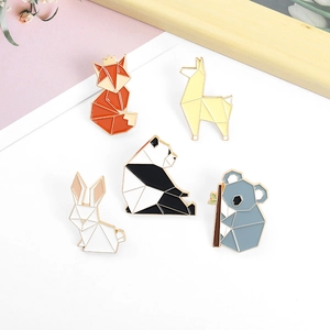 Minimalist animal enamel pins set featuring geometric fox, panda, and koala designs