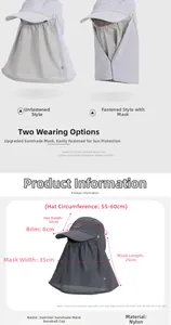 Detailed size chart for sun protection hat with detachable face mask and nylon fabric info